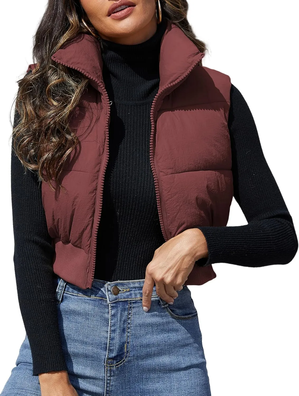 Dqbeng Cropped Puffer Vest Women Zip Up Stand Collar Sleeveless Outerwear Padded Crop Puffy Vests