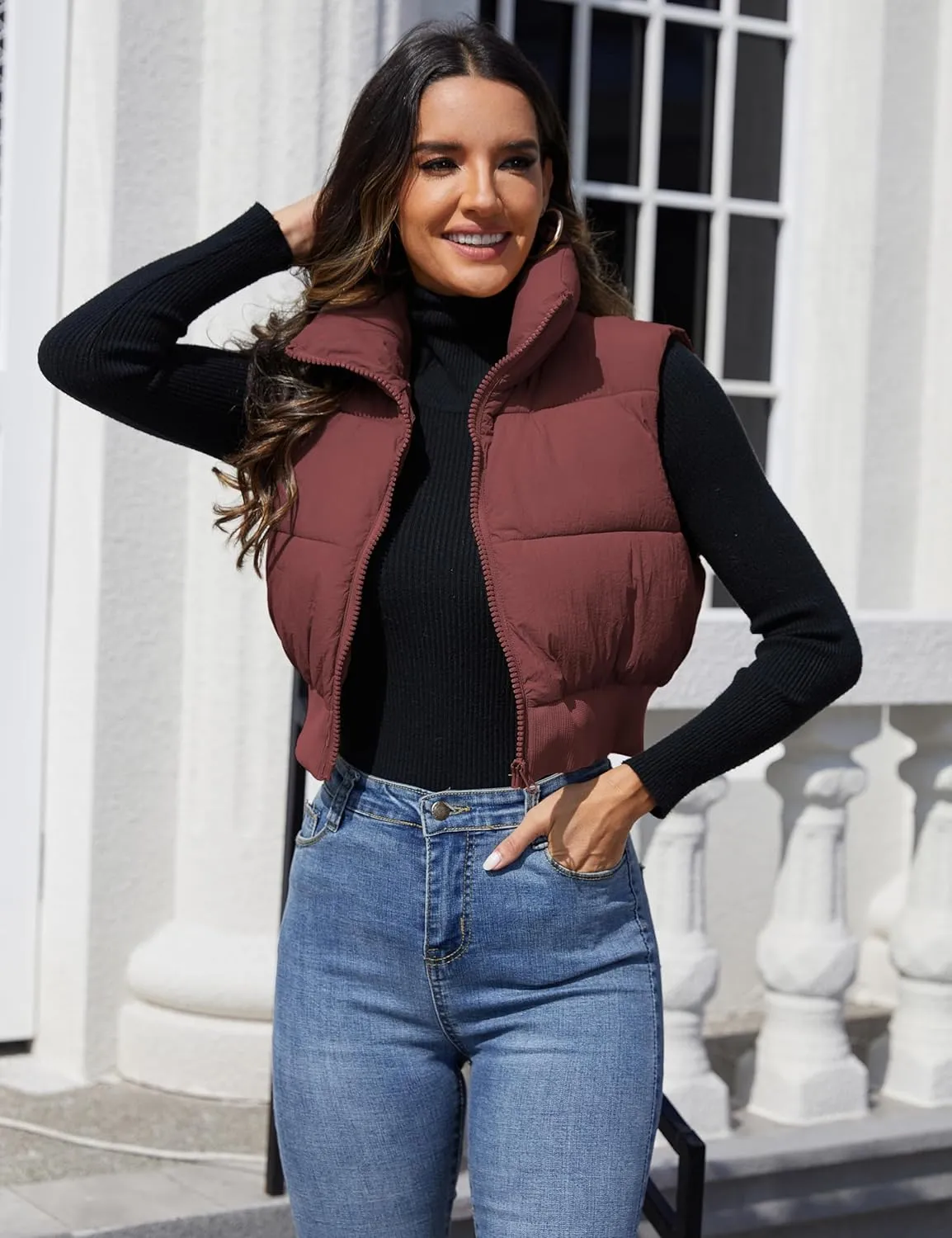 Dqbeng Cropped Puffer Vest Women Zip Up Stand Collar Sleeveless Outerwear Padded Crop Puffy Vests