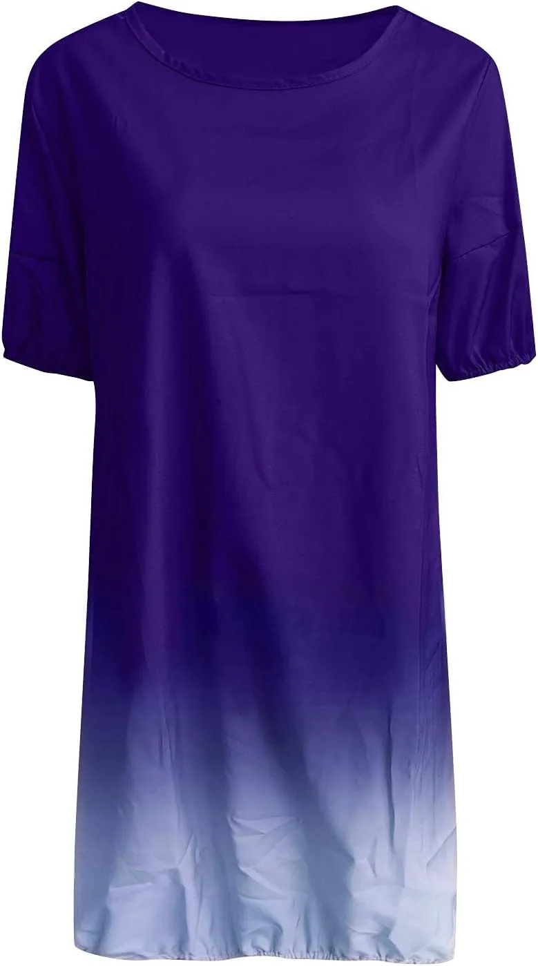 Dresses for Women 2024 Casual Short Sleeve Crew Neck Midi Dress with Pockets Plus Size Loose Gradient Summer Dresses