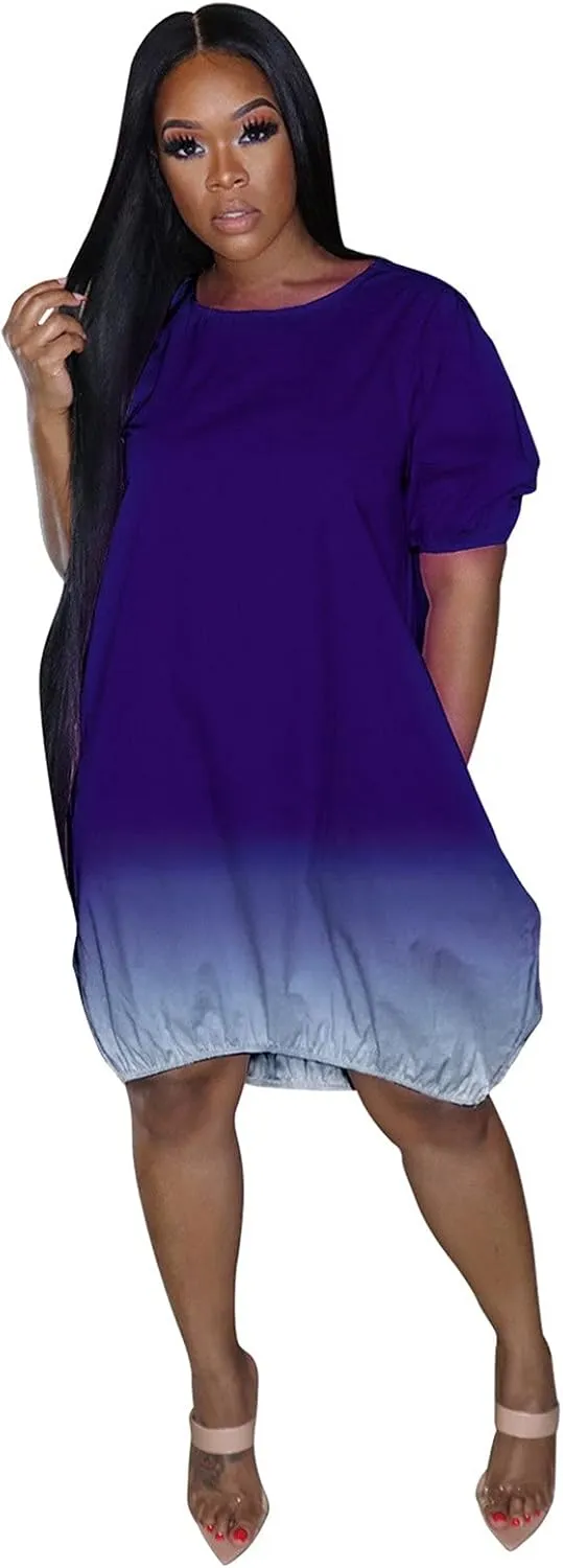 Dresses for Women 2024 Casual Short Sleeve Crew Neck Midi Dress with Pockets Plus Size Loose Gradient Summer Dresses