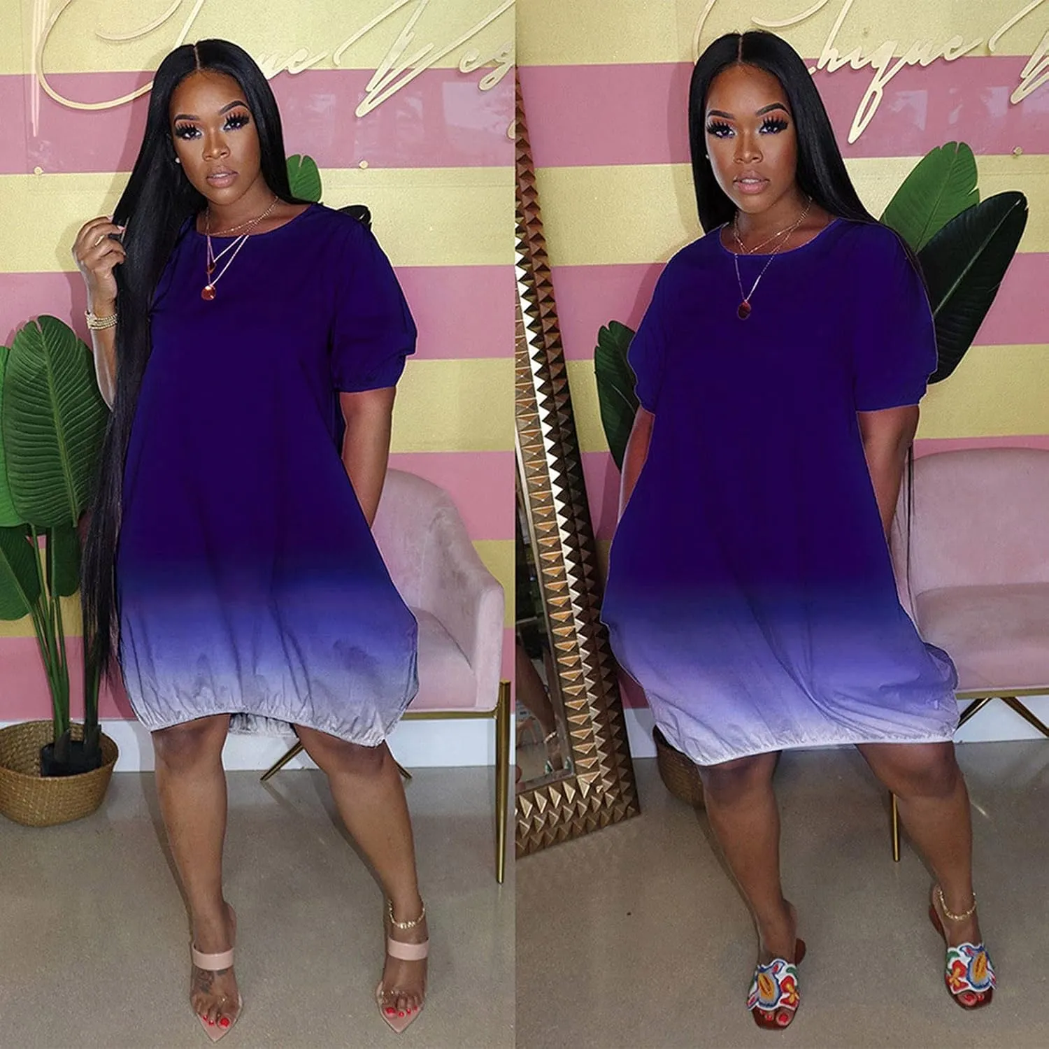Dresses for Women 2024 Casual Short Sleeve Crew Neck Midi Dress with Pockets Plus Size Loose Gradient Summer Dresses