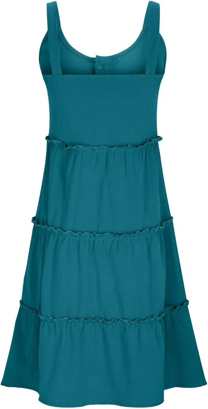 Dresses for Women 2024 Casual Summer Sleeveless Mini Dress Fashion Round Neck Ruffle Henley Dress Beach Boho Dresses