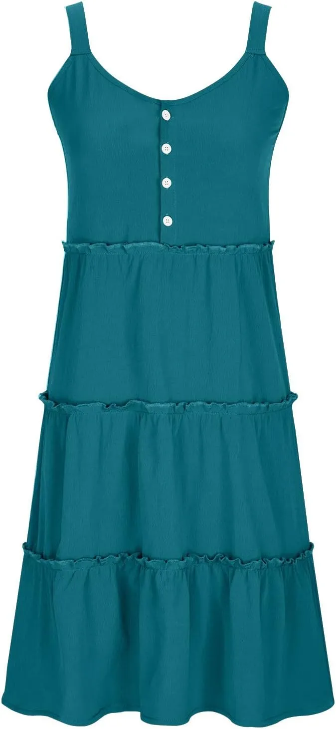 Dresses for Women 2024 Casual Summer Sleeveless Mini Dress Fashion Round Neck Ruffle Henley Dress Beach Boho Dresses