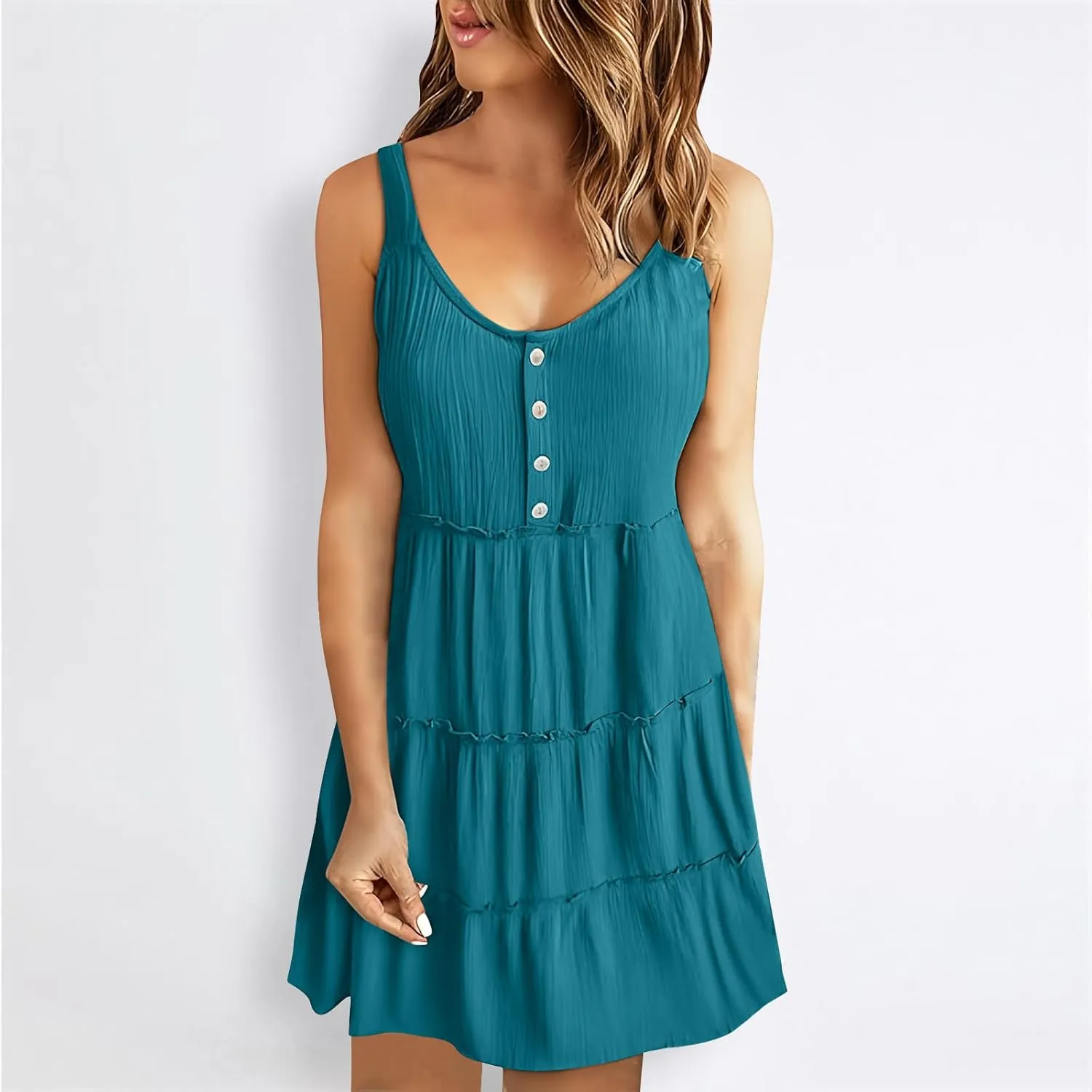 Dresses for Women 2024 Casual Summer Sleeveless Mini Dress Fashion Round Neck Ruffle Henley Dress Beach Boho Dresses