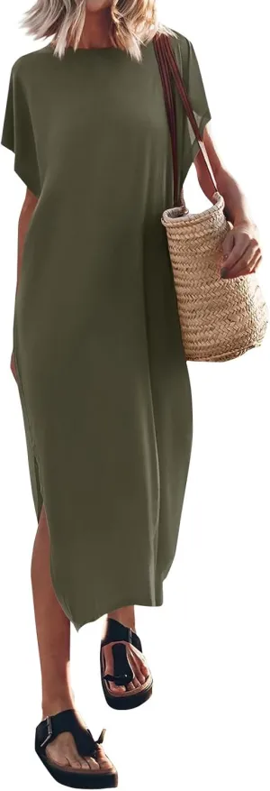 Dresses for Women 2024 Casual, Summer Solid Hawaiian Beach Cocktail Dress Crewneck Batwing Sleeve Slit Long Dresses