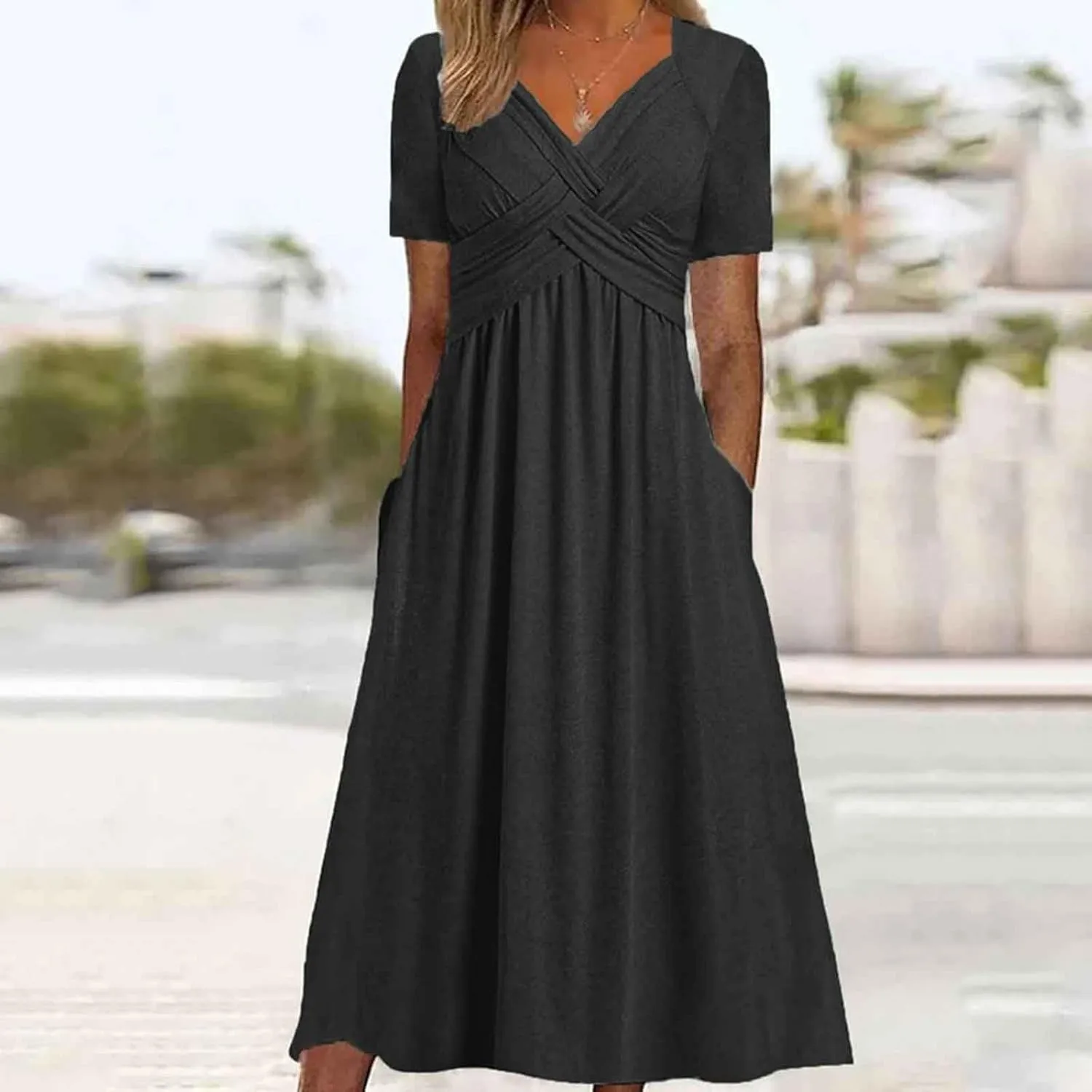 Dresses for Women 2024 Casual Summer Vacation Short Sleeve Tie Wrap V Neck Flowy Midi Dresses Beach Sundress with Pockets