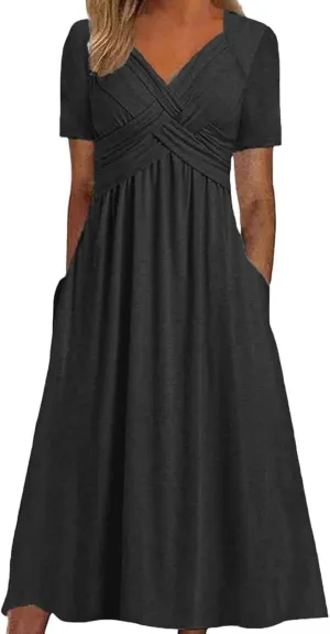 Dresses for Women 2024 Casual Summer Vacation Short Sleeve Tie Wrap V Neck Flowy Midi Dresses Beach Sundress with Pockets