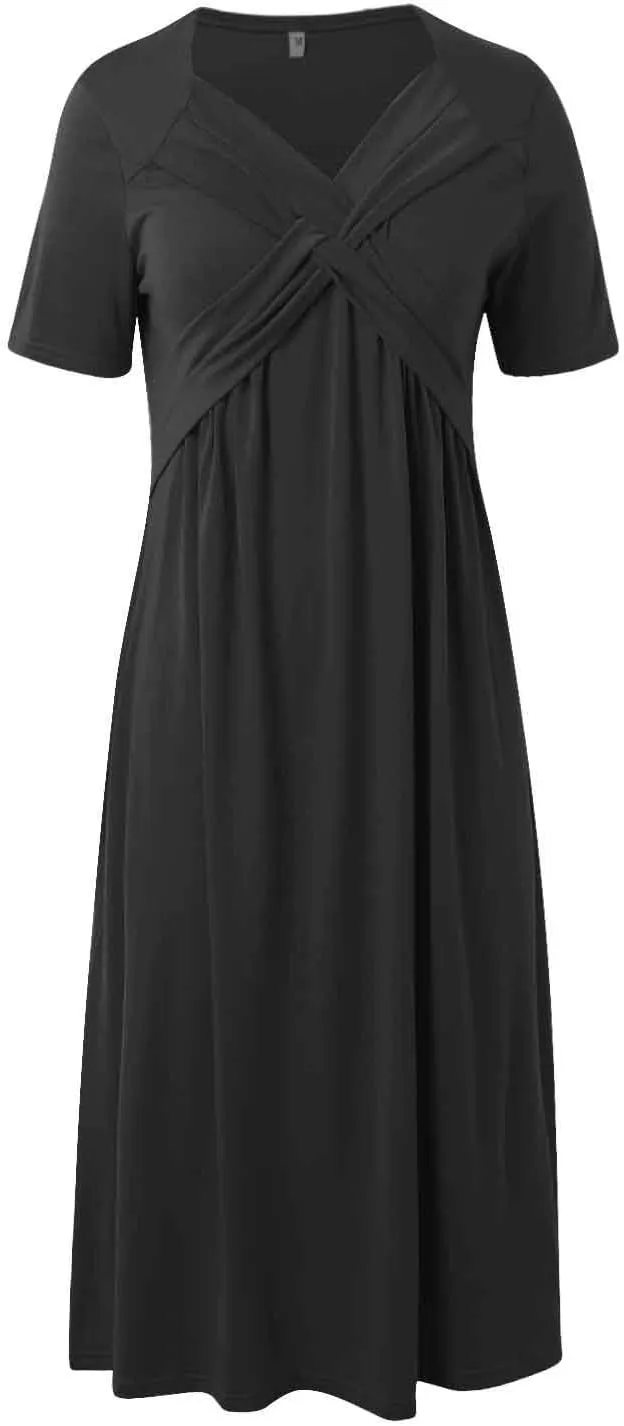 Dresses for Women 2024 Casual Summer Vacation Short Sleeve Tie Wrap V Neck Flowy Midi Dresses Beach Sundress with Pockets