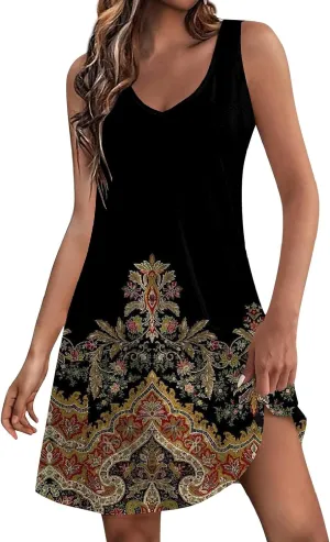 Dresses for Women 2024 Pockets Printed Tank Dresses Sleeveless V Neck Sundresses Trendy Elegant Mini Dresses