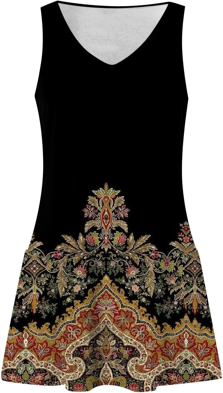 Dresses for Women 2024 Pockets Printed Tank Dresses Sleeveless V Neck Sundresses Trendy Elegant Mini Dresses