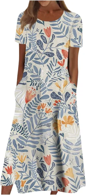 Dresses for Women 2024 Short Sleeve Printed Dresses Pleated Round Neck Maxi Dress Pocket Loose Beach Dress