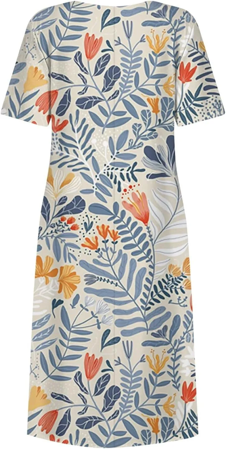 Dresses for Women 2024 Short Sleeve Printed Dresses Pleated Round Neck Maxi Dress Pocket Loose Beach Dress