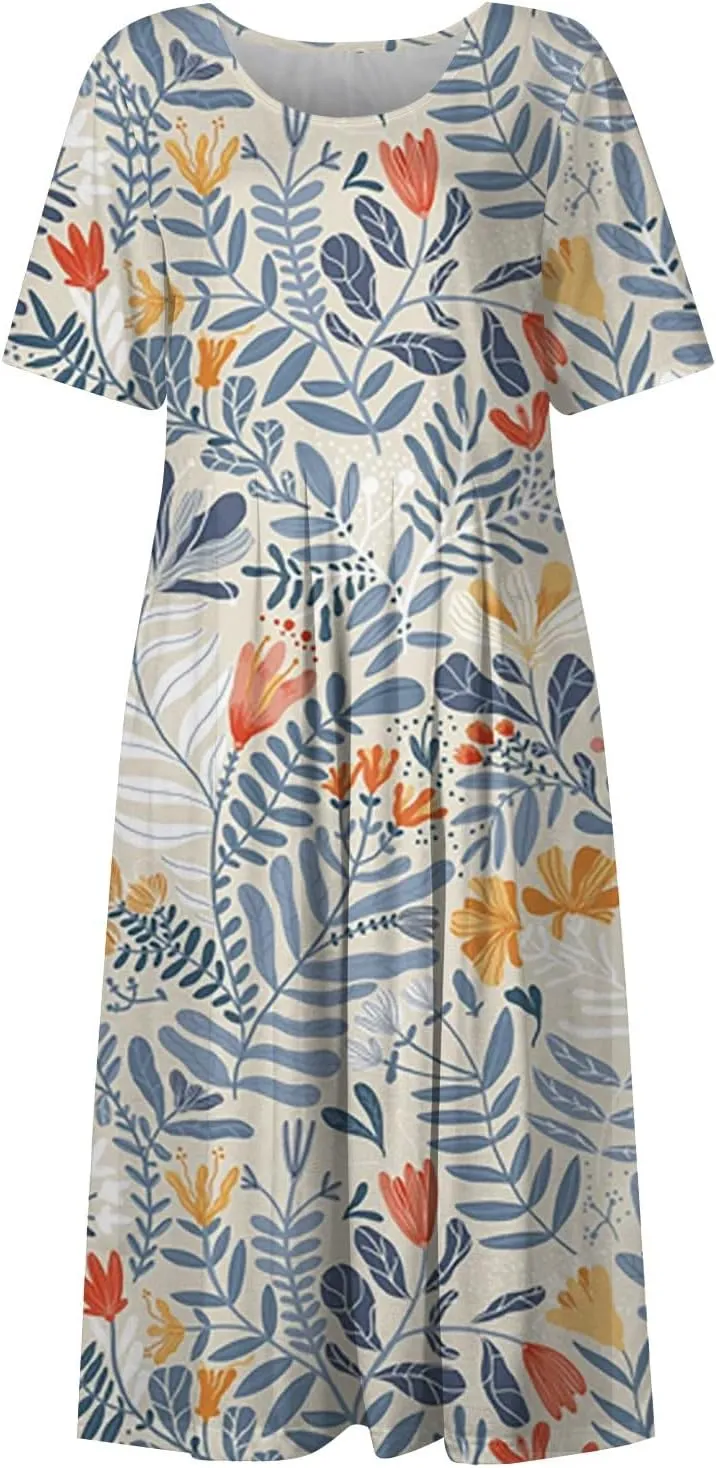 Dresses for Women 2024 Short Sleeve Printed Dresses Pleated Round Neck Maxi Dress Pocket Loose Beach Dress