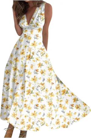 Dresses for Women 2024 Sleeveless Floral Print Maxi Dress Flowy Ruched Wrap V Neck Sundresses Spring Boho Dress