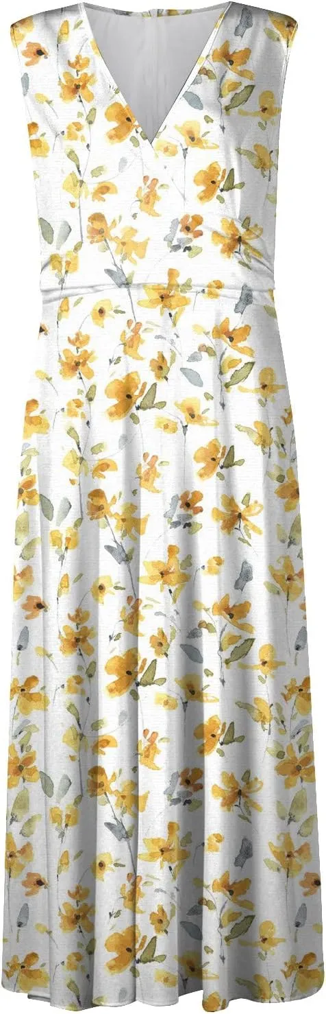 Dresses for Women 2024 Sleeveless Floral Print Maxi Dress Flowy Ruched Wrap V Neck Sundresses Spring Boho Dress