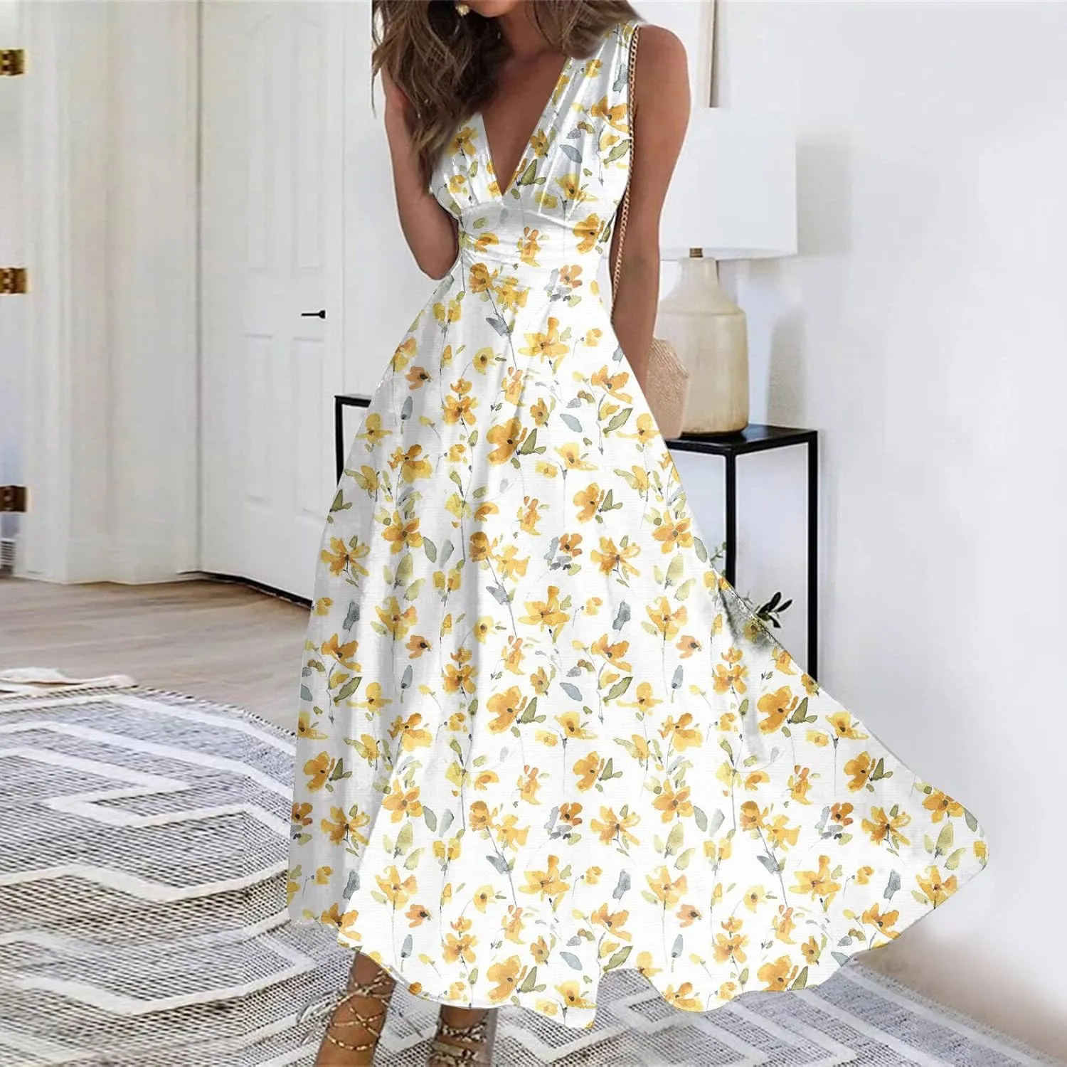 Dresses for Women 2024 Sleeveless Floral Print Maxi Dress Flowy Ruched Wrap V Neck Sundresses Spring Boho Dress