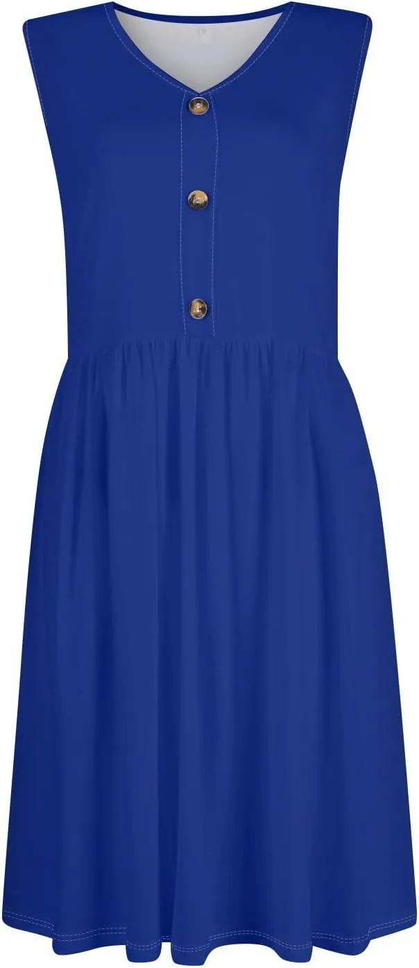 Dresses for Women 2025 Sleeveless V-Neck Button Mini Dress Solid Color Cocktail Party Dresses with Pocket