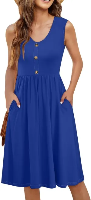 Dresses for Women 2025 Sleeveless V-Neck Button Mini Dress Solid Color Cocktail Party Dresses with Pocket