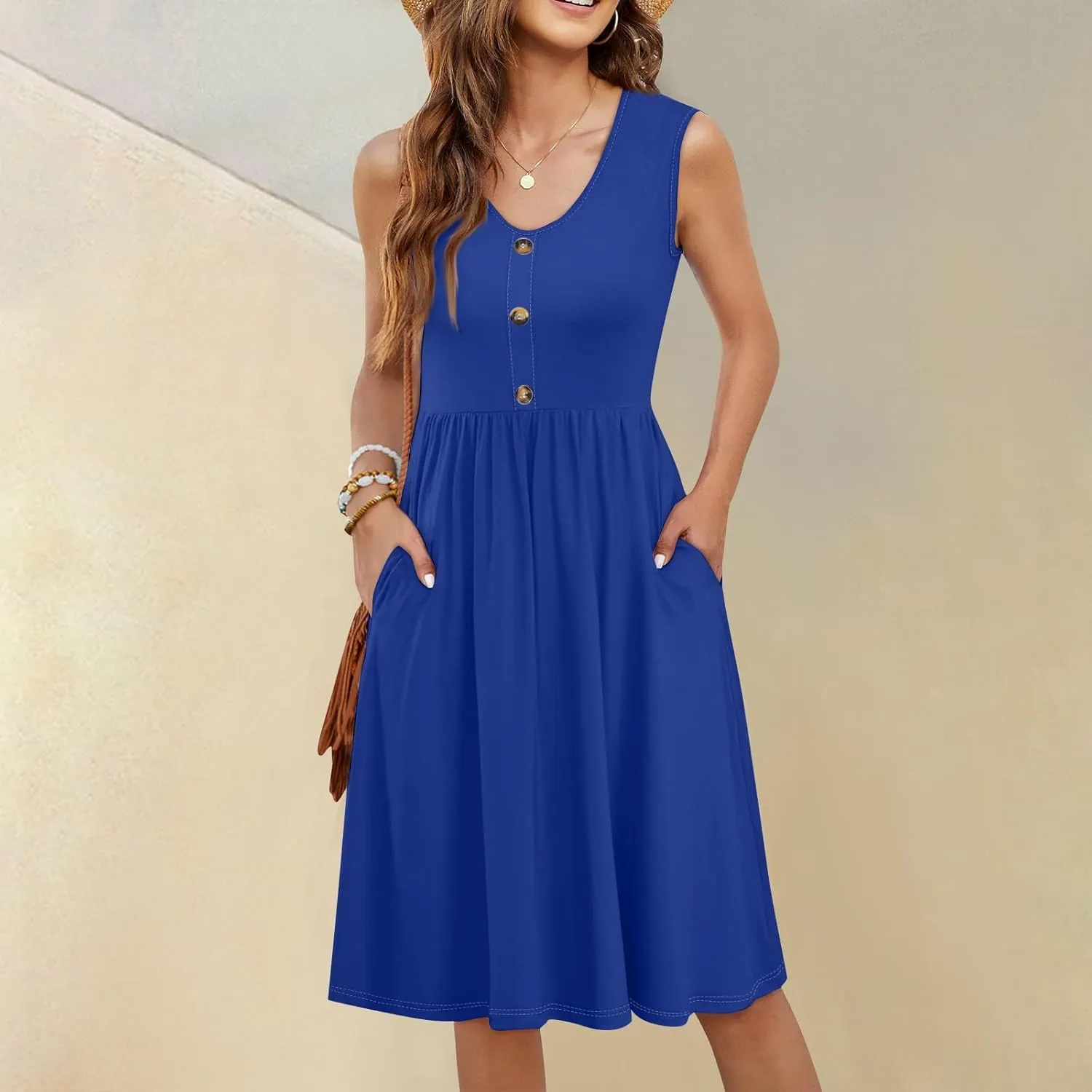 Dresses for Women 2025 Sleeveless V-Neck Button Mini Dress Solid Color Cocktail Party Dresses with Pocket