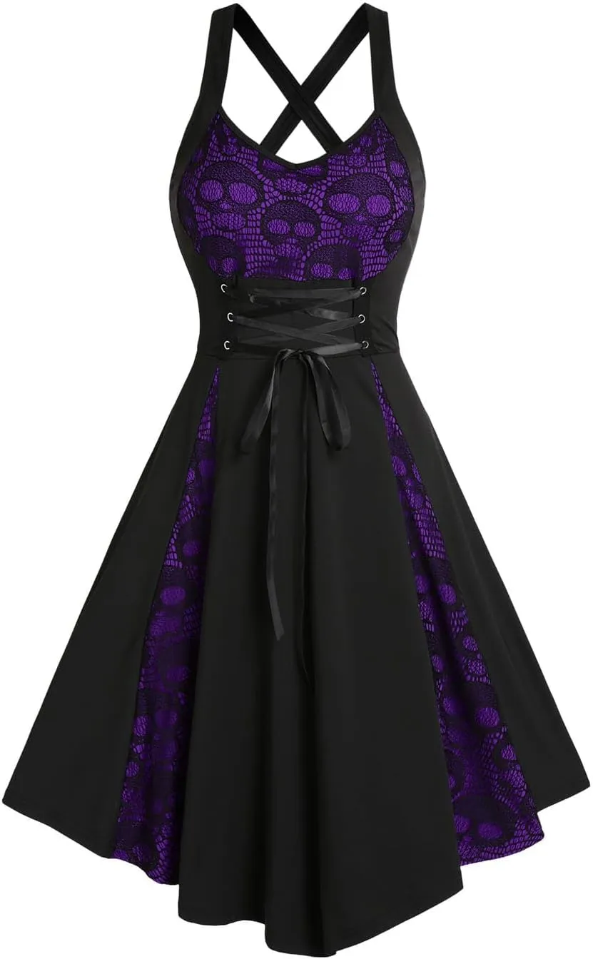 DRESSFO Women's 2025 Fall Casual Dress Sleeveless V Neck Gothic Dress Tiered A Line Flowy Wrap Dress