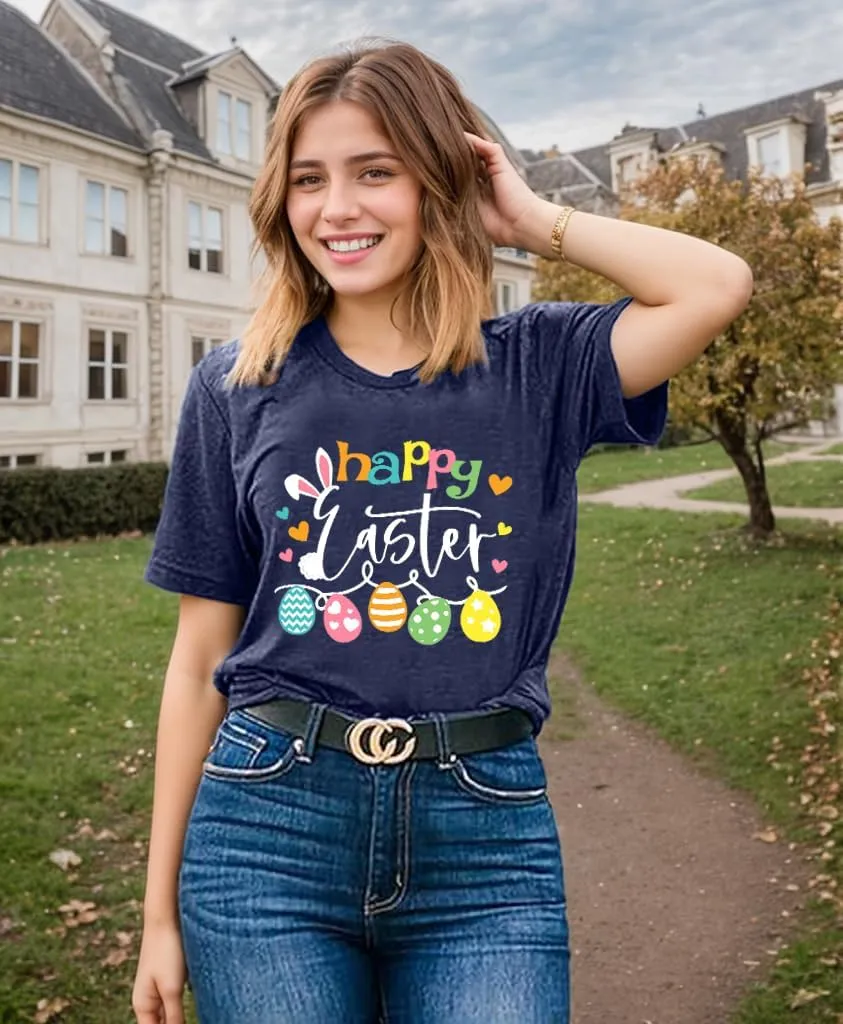 Easter Shirts for Women V Neck Happy Easter T Shirt Easter Bunny Shirt Cute Rabbit Graphic Tee Gift Spring Tees Tops