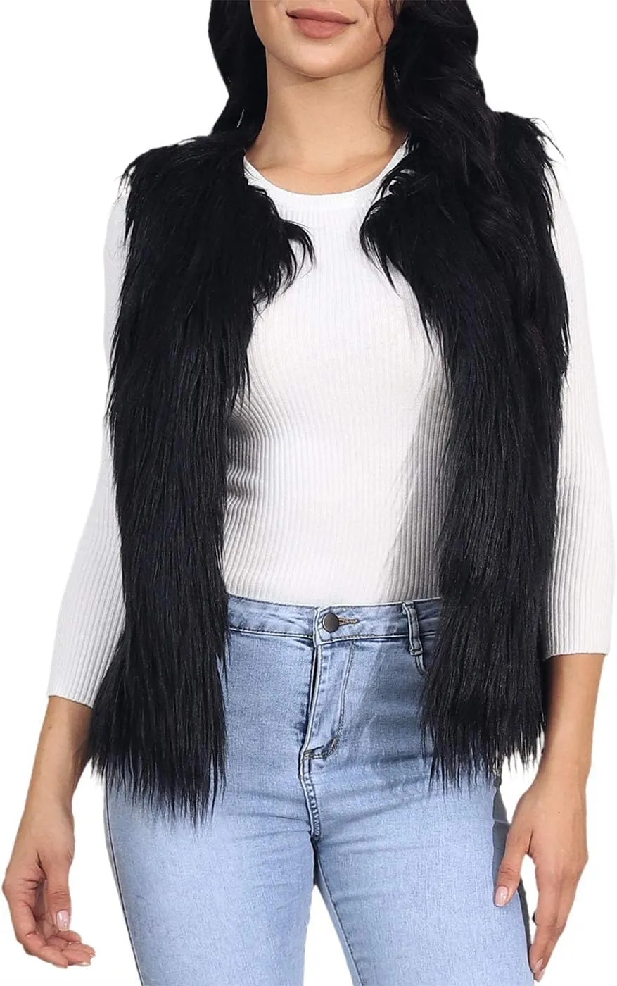 Edary Women's Faux Fur Vest Coat Black Sleeveless Fur Vests Winter Warm Fur Coat Shaggy Open Front Fur Waistcoat
