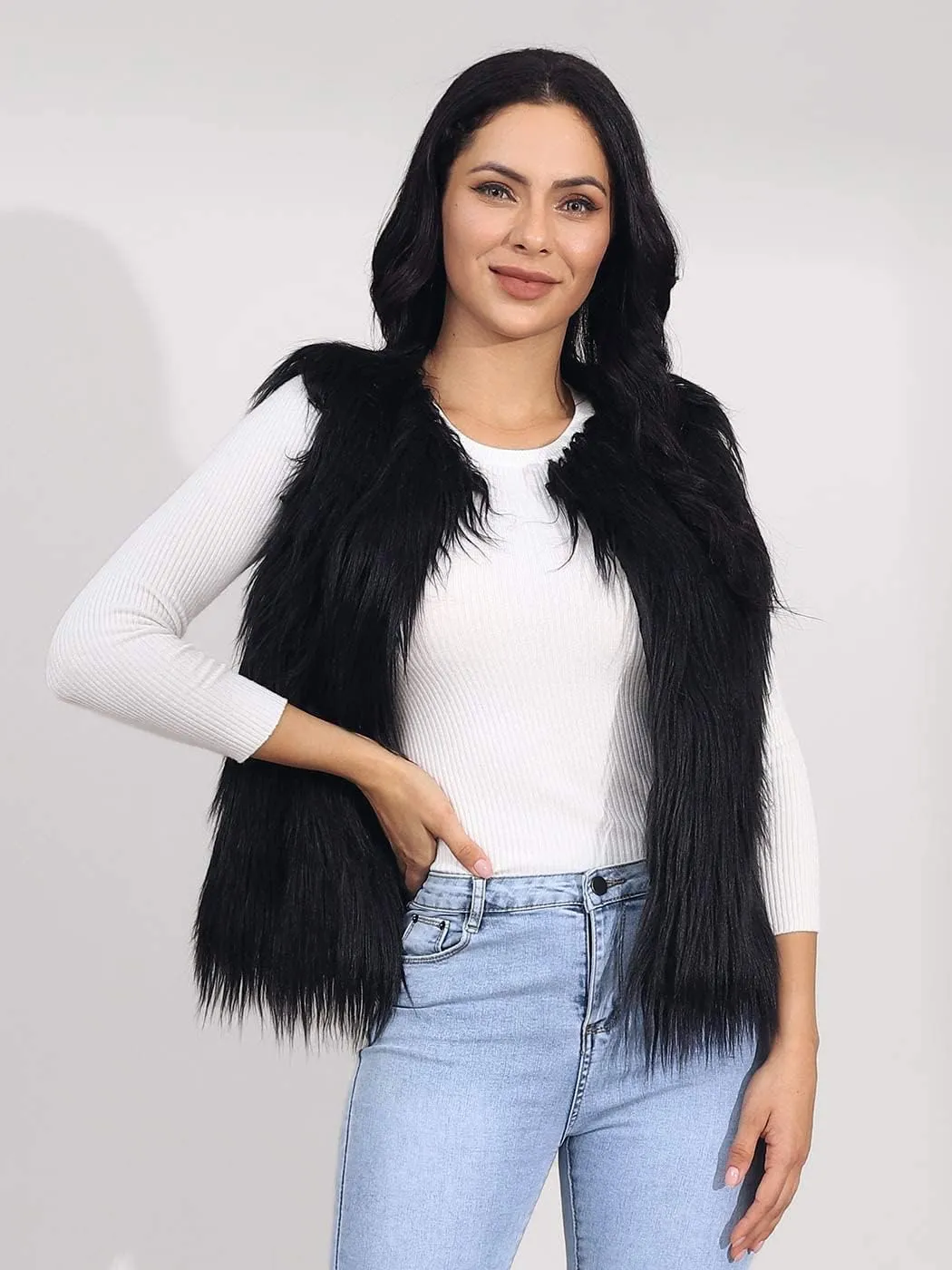 Edary Women's Faux Fur Vest Coat Black Sleeveless Fur Vests Winter Warm Fur Coat Shaggy Open Front Fur Waistcoat