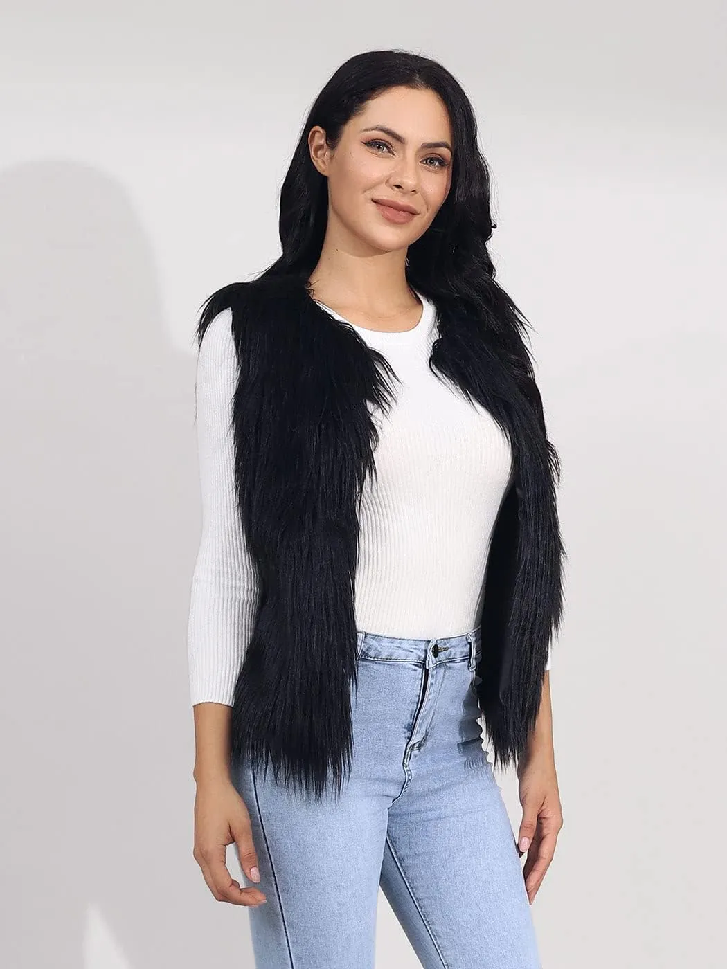 Edary Women's Faux Fur Vest Coat Black Sleeveless Fur Vests Winter Warm Fur Coat Shaggy Open Front Fur Waistcoat