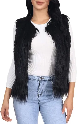 Edary Women's Faux Fur Vest Coat Black Sleeveless Fur Vests Winter Warm Fur Coat Shaggy Open Front Fur Waistcoat