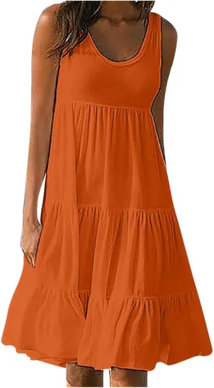 Eduavar Mini Dresses for Women, Vacation Dresses for Women 2024 Casual Loose Solid Color Sleeveless Round Neck Mini Sundress