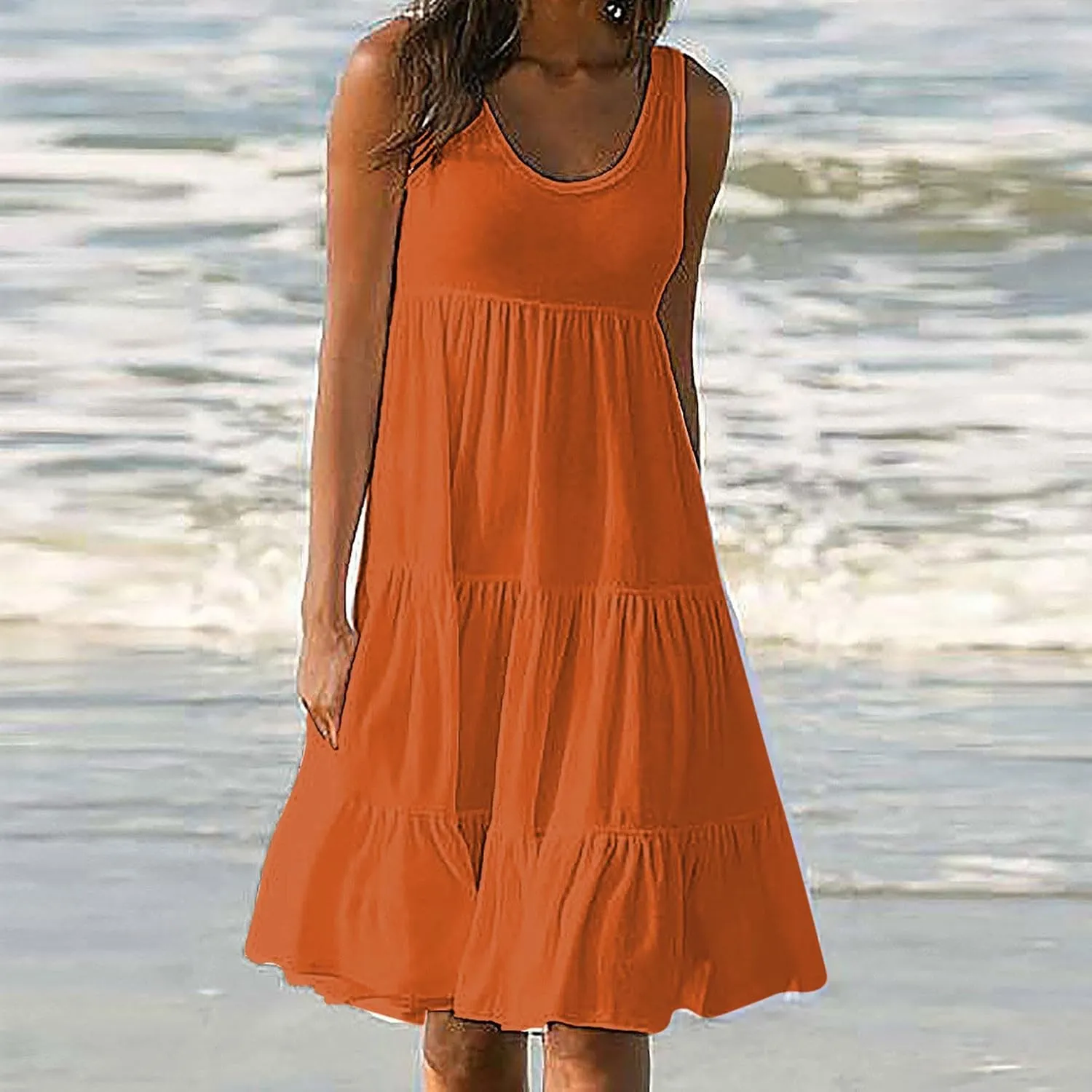 Eduavar Mini Dresses for Women, Vacation Dresses for Women 2024 Casual Loose Solid Color Sleeveless Round Neck Mini Sundress