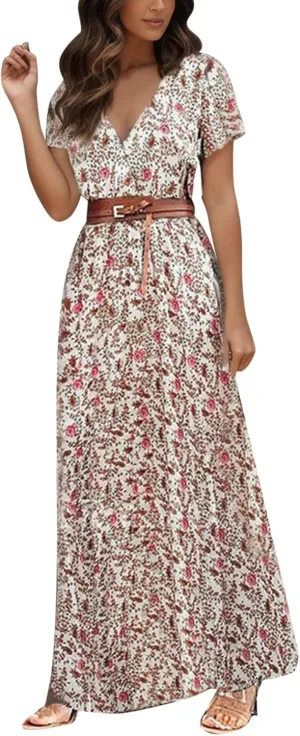 Eduavar Summer Dresses for Women 2024, Boho Dresses for Women 2024 Floral Print Long Dress Sexy V Neck Short Sleeveless Dress