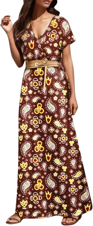 Eduavar Summer Dresses for Women 2024, Boho Dresses for Women 2024 Floral Print Long Dress Sexy V Neck Short Sleeveless Dress