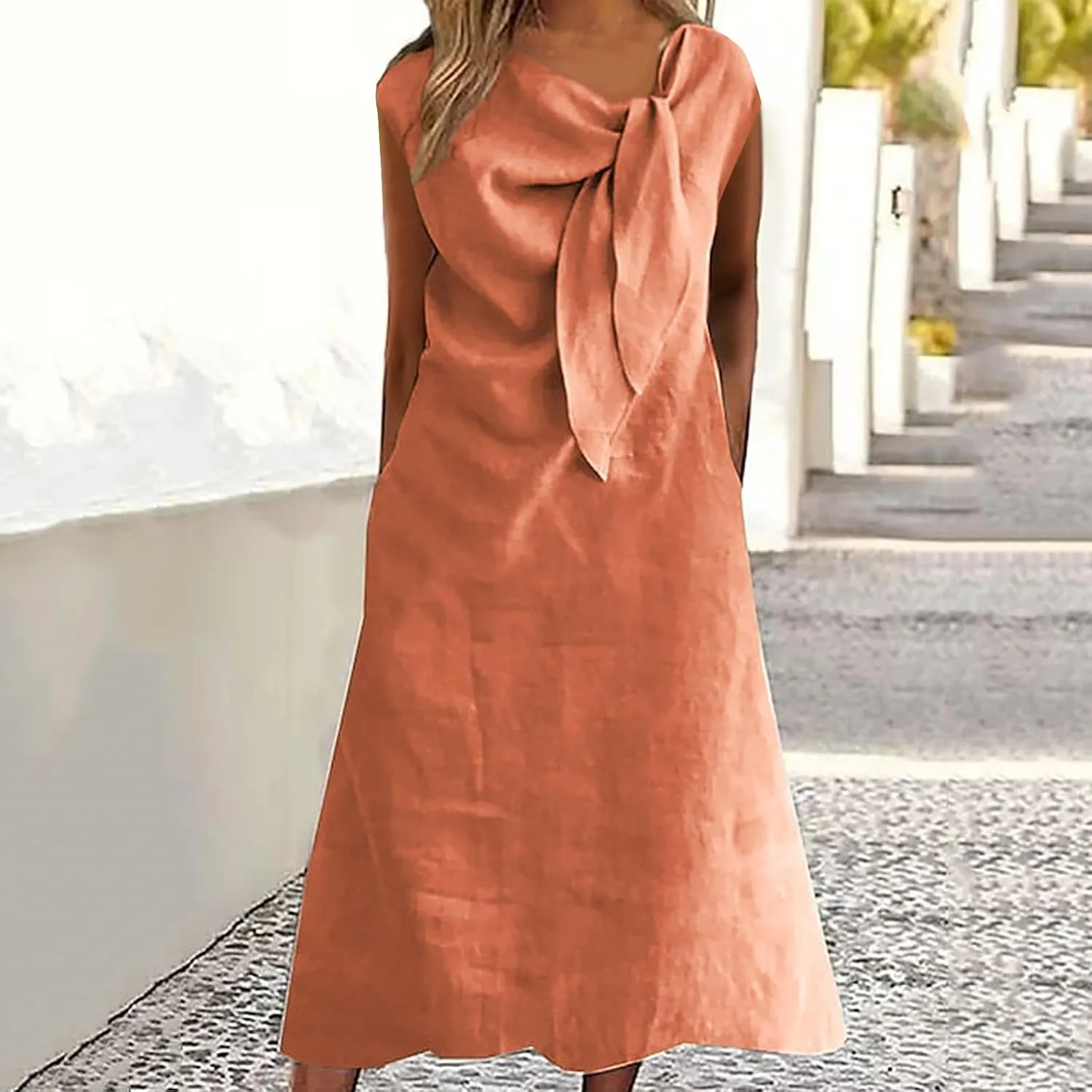 Elegant Tie Scarf Neck Maxi Dress Women Summer Cotton Linen Cap Sleeve A-Line Dresses Plus Size Casual Work Dress