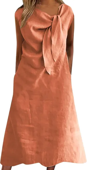 Elegant Tie Scarf Neck Maxi Dress Women Summer Cotton Linen Cap Sleeve A-Line Dresses Plus Size Casual Work Dress