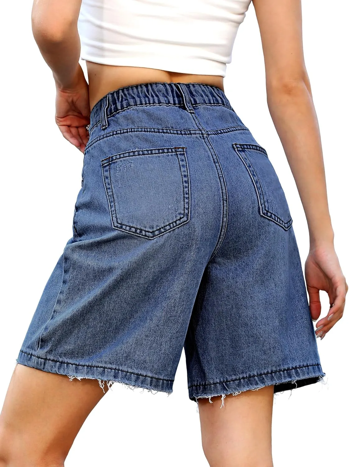 ELLEVEN Bermuda Jorts Baggy Jean Shorts - Casual Loose Fit Wide Leg Knee Length Denim Shorts with Elastic Waist