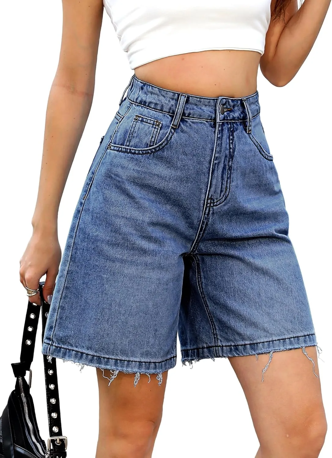 ELLEVEN Bermuda Jorts Baggy Jean Shorts - Casual Loose Fit Wide Leg Knee Length Denim Shorts with Elastic Waist