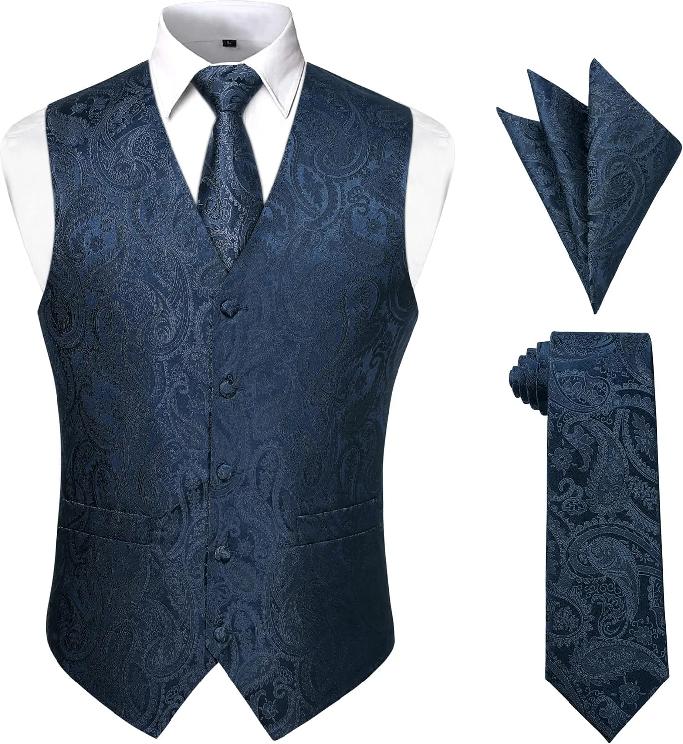 Enlision Mens Vest Tie Set Paisley Vest and Necktie Pocket Square 3pc Formal Dress Waistcoat for Suit or Tuxedo