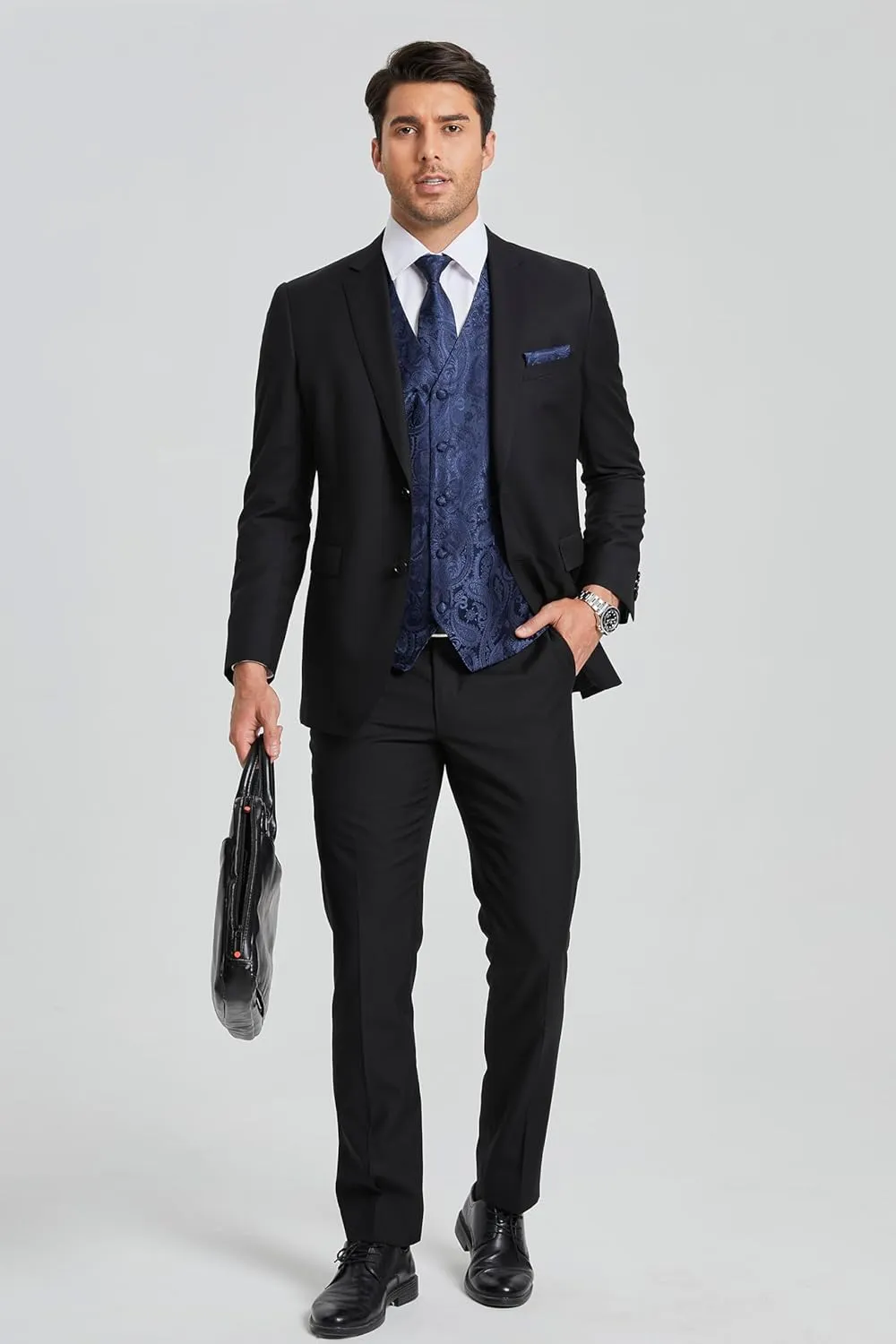 Enlision Mens Vest Tie Set Paisley Vest and Necktie Pocket Square 3pc Formal Dress Waistcoat for Suit or Tuxedo