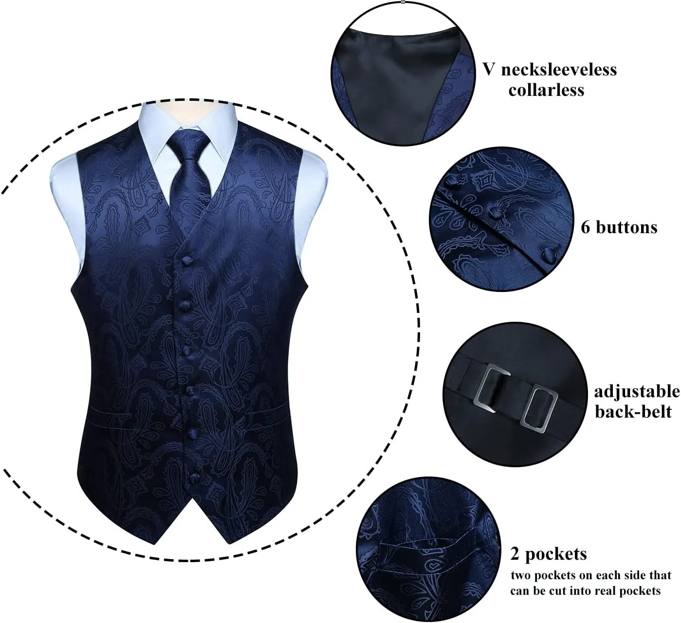 Enlision Mens Vest Tie Set Paisley Vest and Necktie Pocket Square 3pc Formal Dress Waistcoat for Suit or Tuxedo