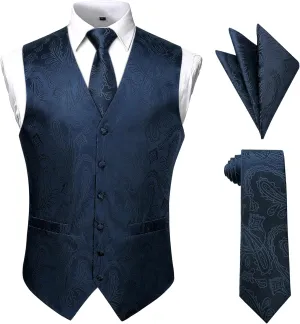 Enlision Mens Vest Tie Set Paisley Vest and Necktie Pocket Square 3pc Formal Dress Waistcoat for Suit or Tuxedo