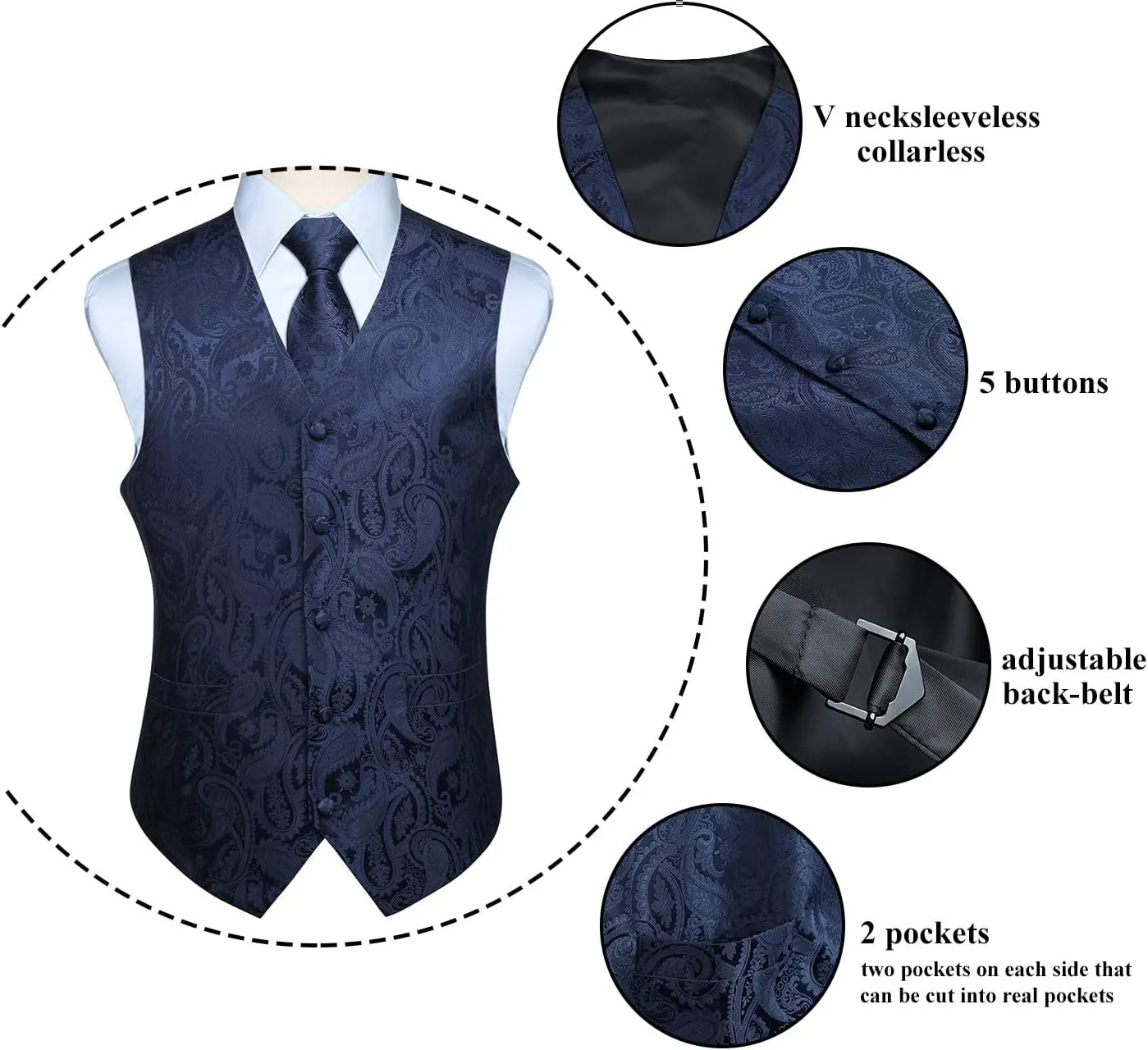 Enlision Mens Vest Tie Set Paisley Vest and Necktie Pocket Square 3pc Formal Dress Waistcoat for Suit or Tuxedo