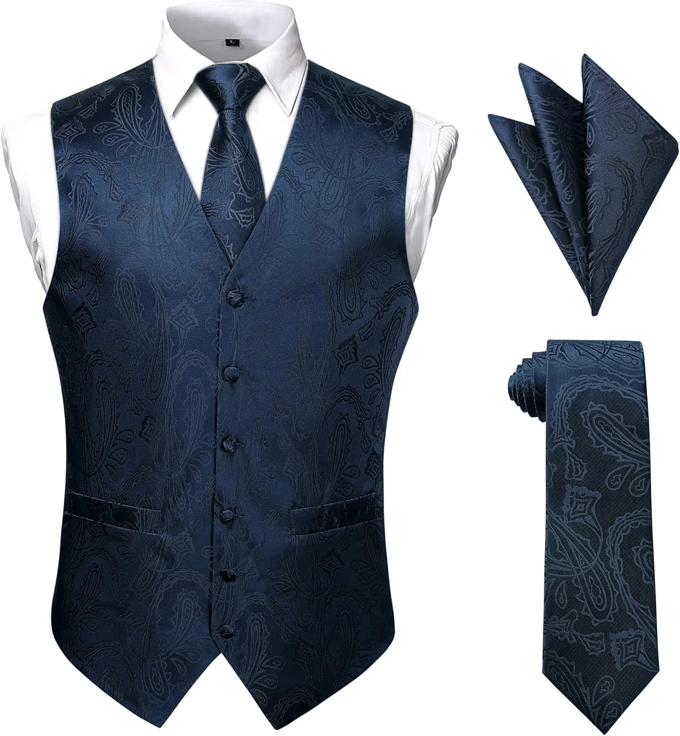 Enlision Mens Vest Tie Set Paisley Vest and Necktie Pocket Square 3pc Formal Dress Waistcoat for Suit or Tuxedo