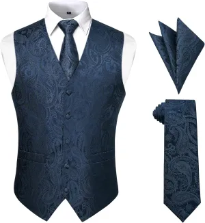 Enlision Mens Vest Tie Set Paisley Vest and Necktie Pocket Square 3pc Formal Dress Waistcoat for Suit or Tuxedo