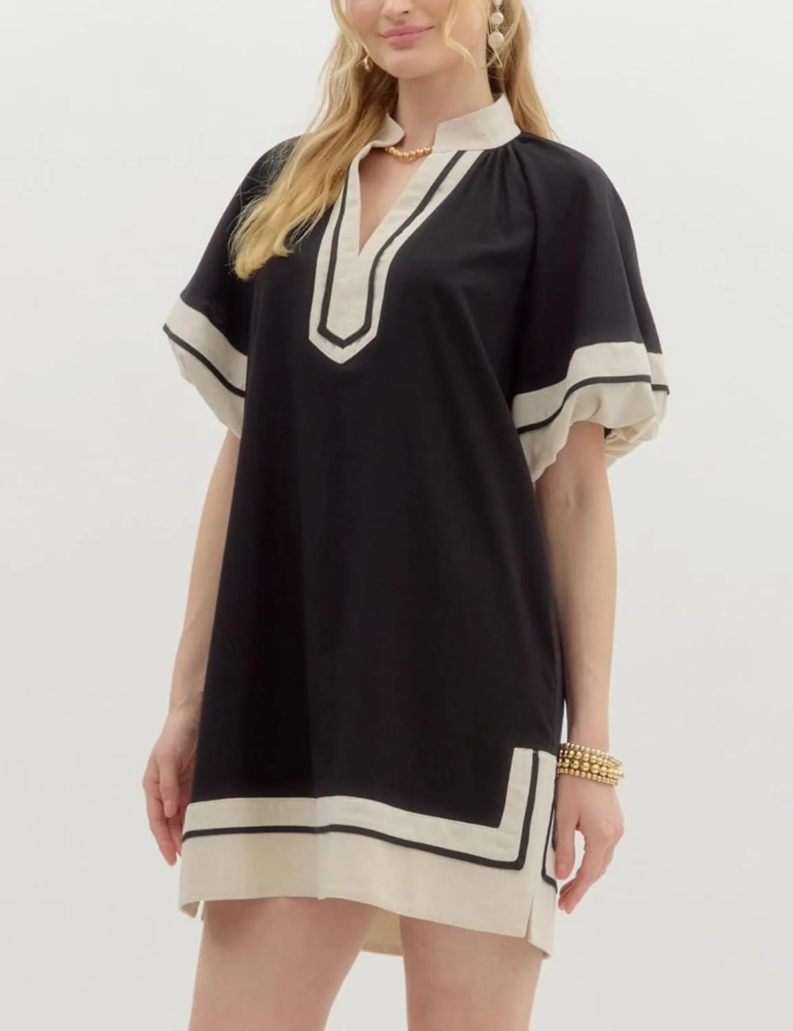 Esmeling Womens Color Block Pullover Dress V Neck Puff Sleeve Shirt Dress Casual Mini Dress with Pockets