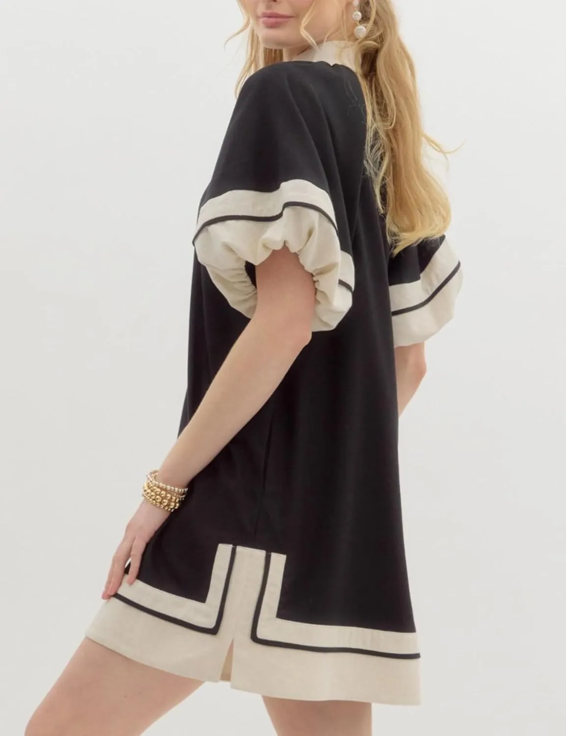 Esmeling Womens Color Block Pullover Dress V Neck Puff Sleeve Shirt Dress Casual Mini Dress with Pockets