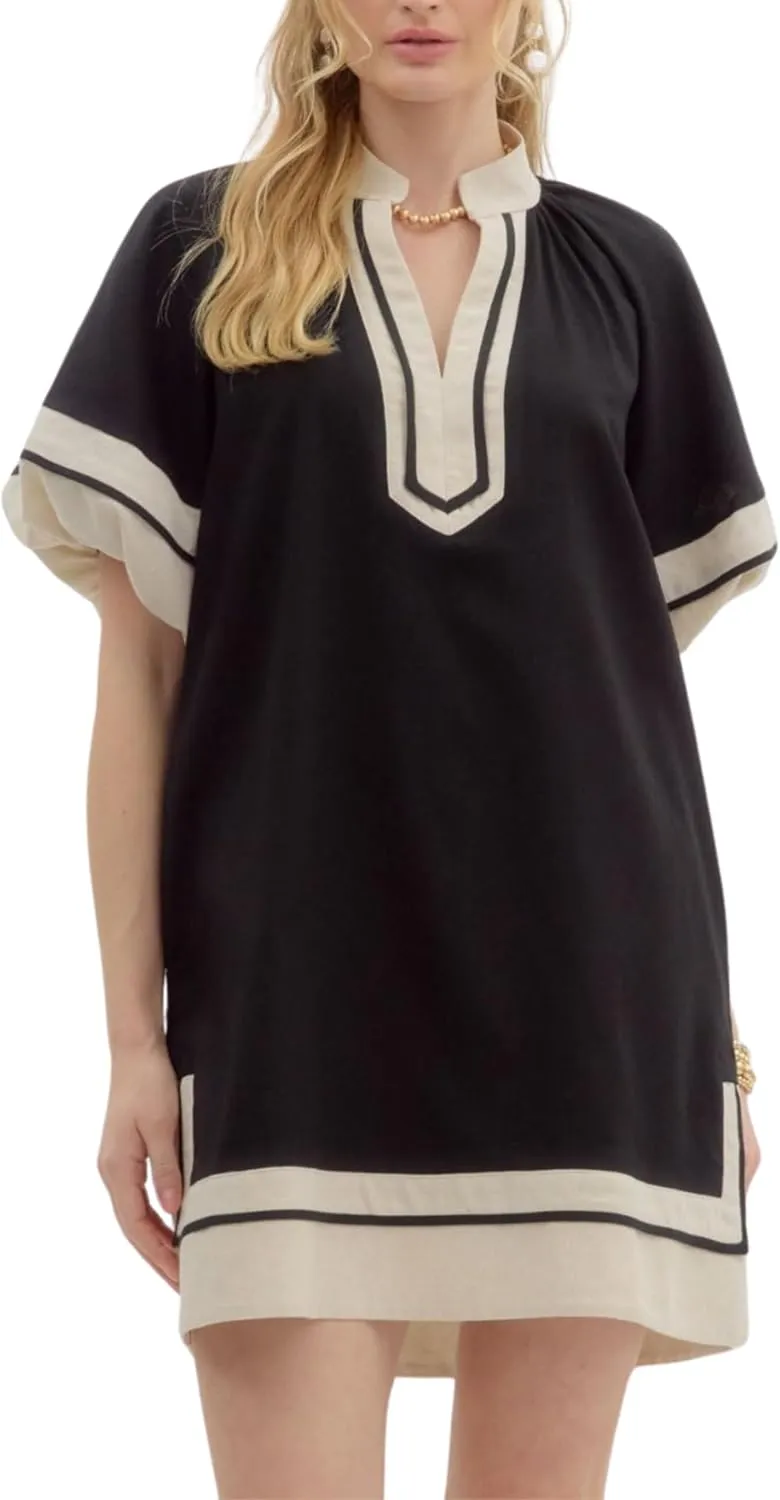 Esmeling Womens Color Block Pullover Dress V Neck Puff Sleeve Shirt Dress Casual Mini Dress with Pockets