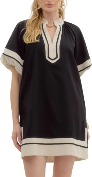 Esmeling Womens Color Block Pullover Dress V Neck Puff Sleeve Shirt Dress Casual Mini Dress with Pockets