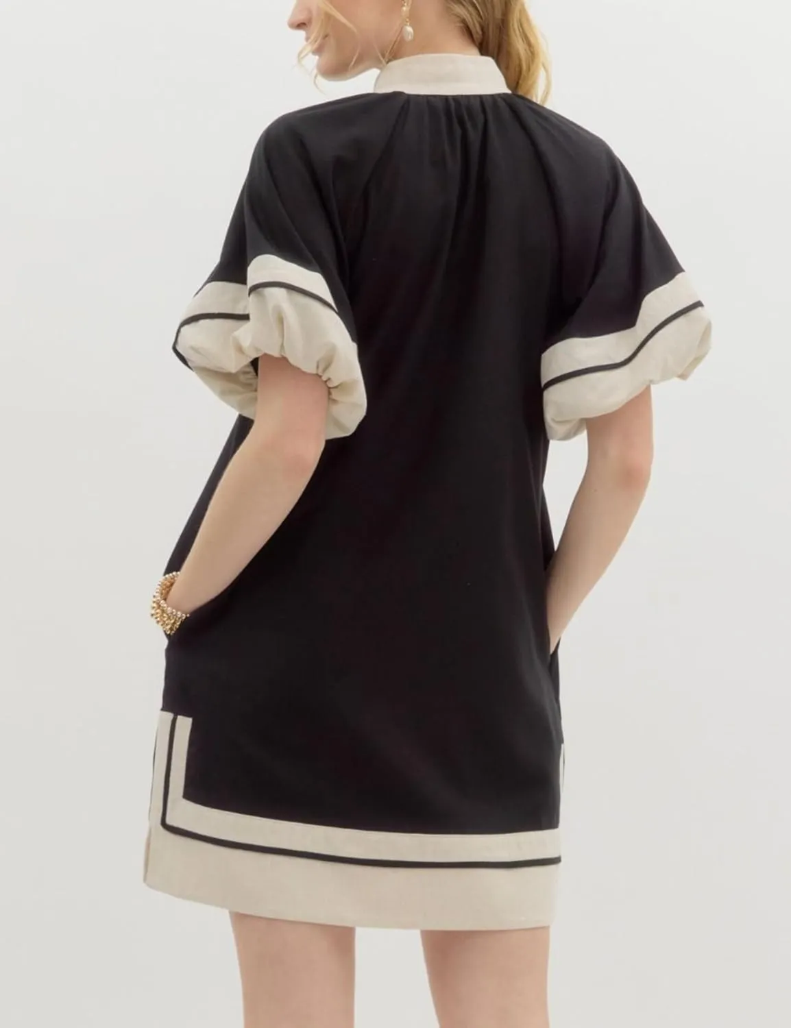 Esmeling Womens Color Block Pullover Dress V Neck Puff Sleeve Shirt Dress Casual Mini Dress with Pockets