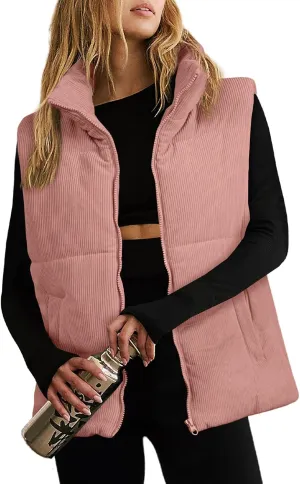 EVALESS Corduroy Cropped Puffer Vest for Women Lightweight Stand Collar Sleeveless Jackets Zip Up Clothes Fashion 2024